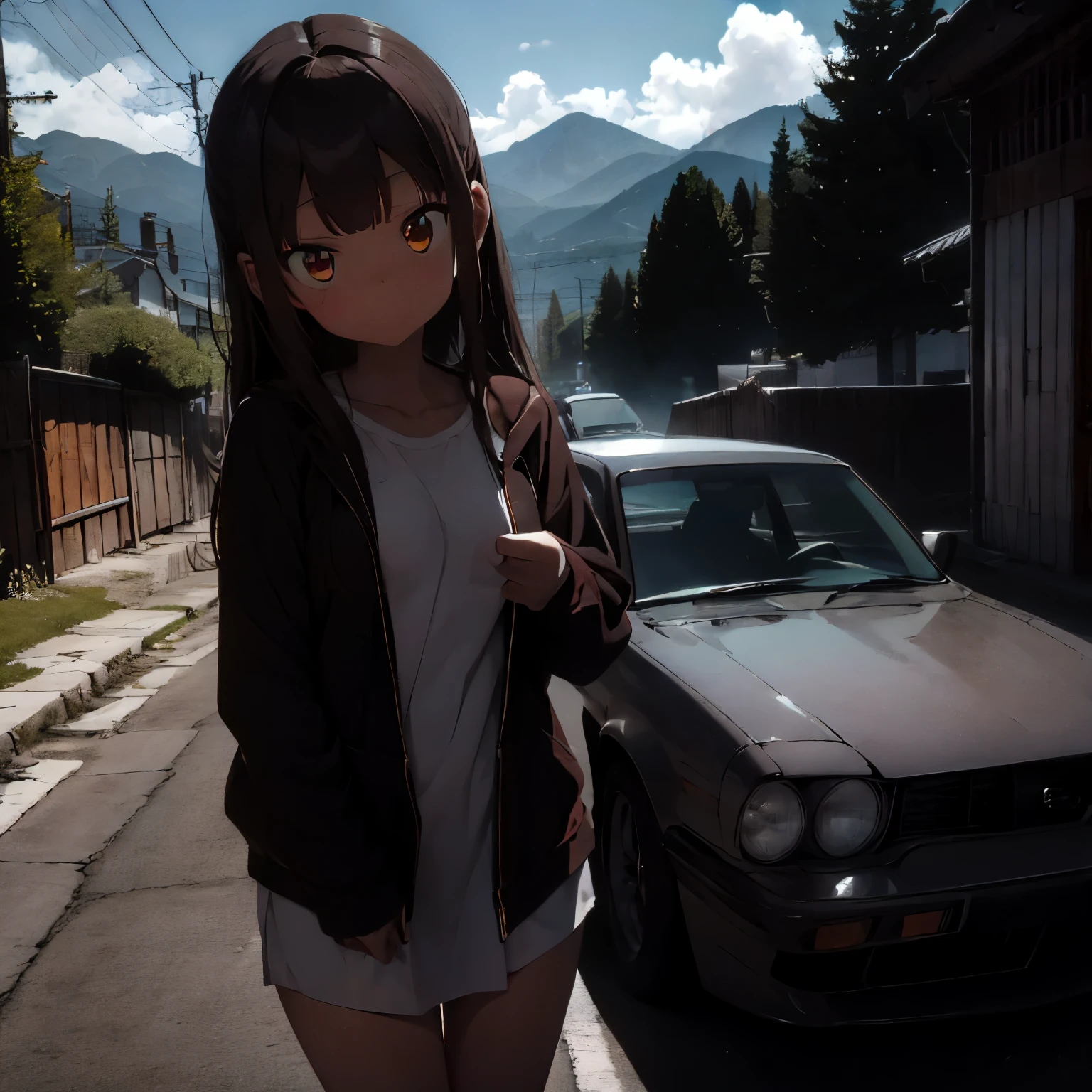 anime style, 1 girl, 16 years old, 159 cm tall, brown long hair, brown eyes, slender body, B cup chest, silver 1973 nissan (KPGC110) in the background, myogi mountain pass, at night