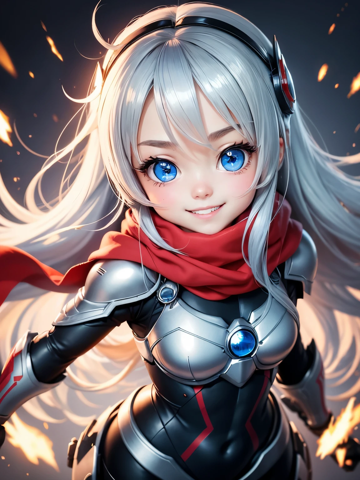 best image quality、A fun and cute smile、best smile、chibi character、super deformed、big head and small body、Very pretty girl、long silver hair、Surprisingly big blue eyes that shine、Kamen Rider-like helmet and red scarf、A hero of justice who helps the weak、Cool pose in hero suit