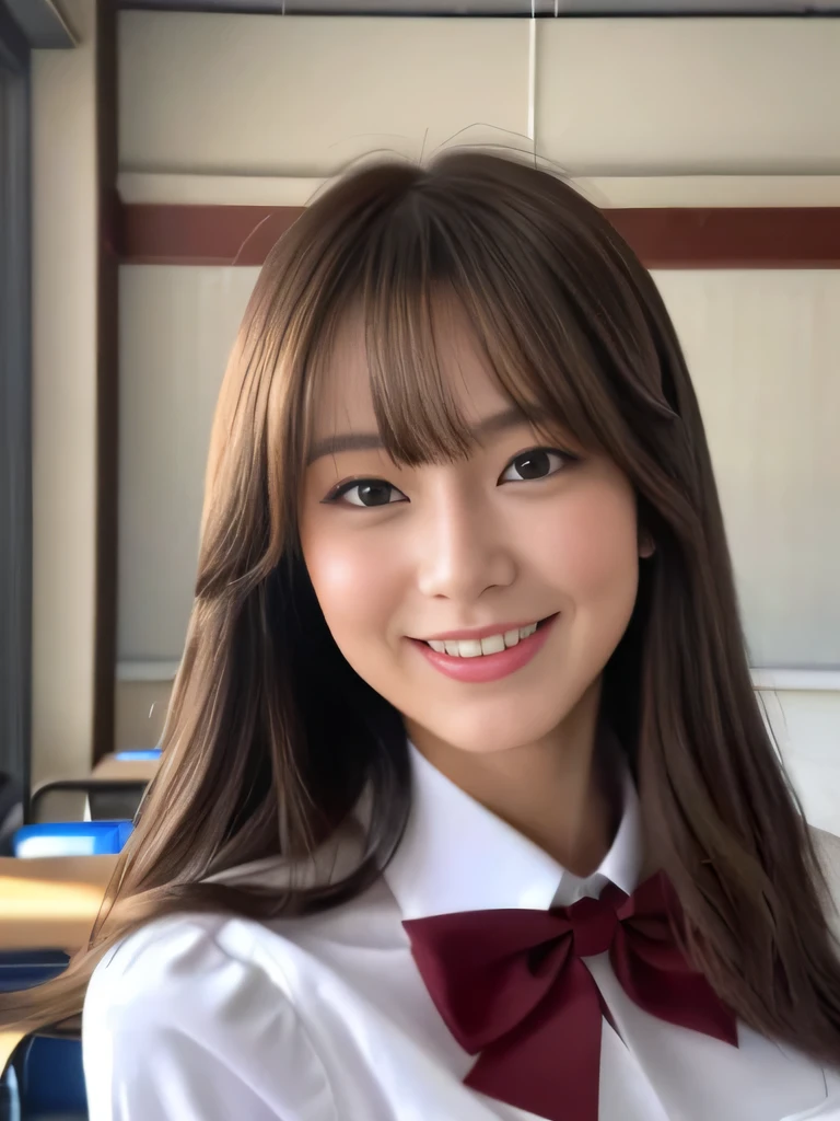 masterpiece, close up shot of a face, directly front view, a Japanese young pretty woman, sitting a chair alone with big smile in a school cafeteria, glamorous figure, wearing a short sleeves silky white collared shirt with shiny satin red plain bow tie, hyper pretty face, glossy lips, double eyelids in both eyes, natural makeup, long eyelashes, shiny smooth light brown hair of medium length, asymmetrical bangs, tanned skin, wearing a dark blue pleated skirt, head in the frame, central image, 8K resolution, high detail, detailed hairstyle, Detailed Face, spectacular cinematic lighting, octane rendering, vibrant, hyper realistic, perfect limbs, perfect anatomy