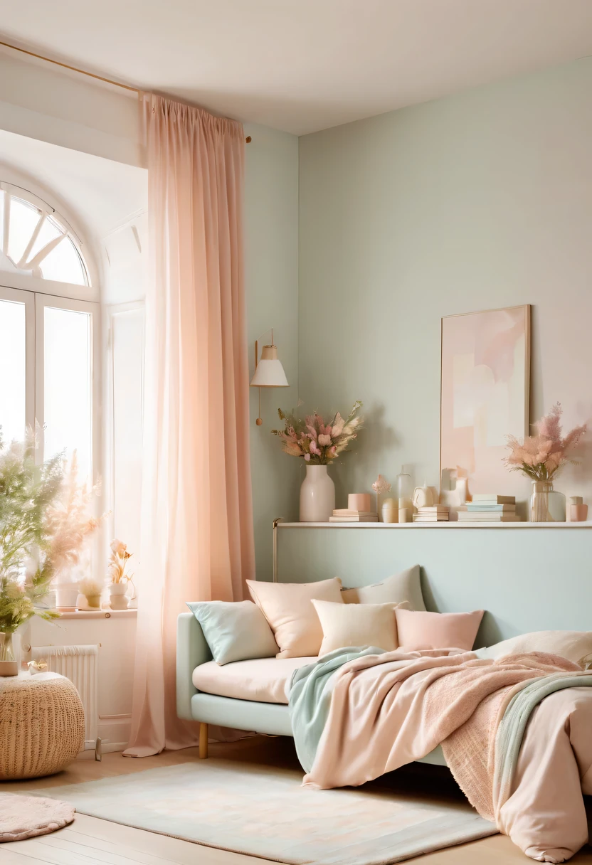 pastel tones，Light style，cozy calm，nature，warm and comfortable，