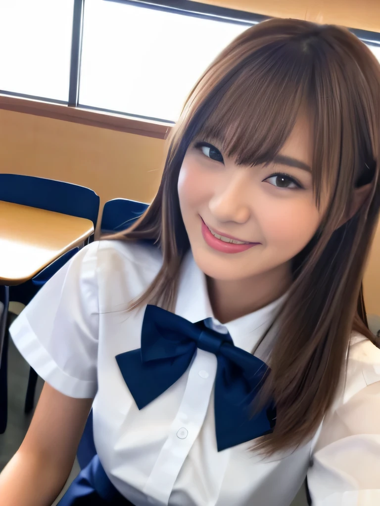 masterpiece, close up shot of a face, directly front view, a Japanese young pretty woman, sitting a chair alone with big smile in a school cafeteria, glamorous figure, wearing a short sleeves silky white collared shirt with shiny satin red plain bow tie, hyper pretty face, glossy lips, double eyelids in both eyes, natural makeup, long eyelashes, shiny smooth light brown hair of medium length, asymmetrical bangs, tanned skin, wearing a dark blue pleated skirt, head in the frame, central image, 8K resolution, high detail, detailed hairstyle, Detailed Face, spectacular cinematic lighting, octane rendering, vibrant, hyper realistic, perfect limbs, perfect anatomy,