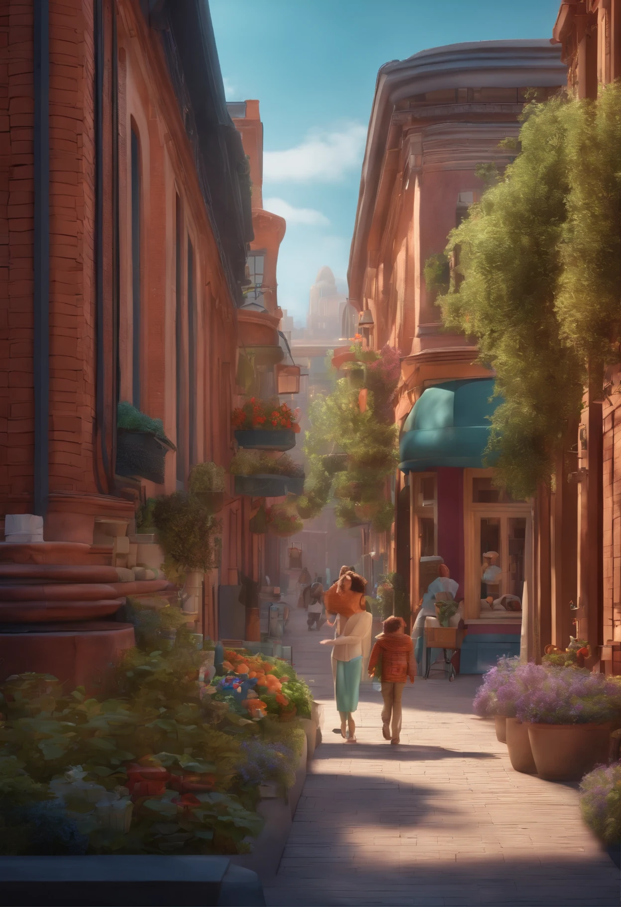 Pixar 3D-style drawing of a slimming clinic in the city center with a character in the foreground