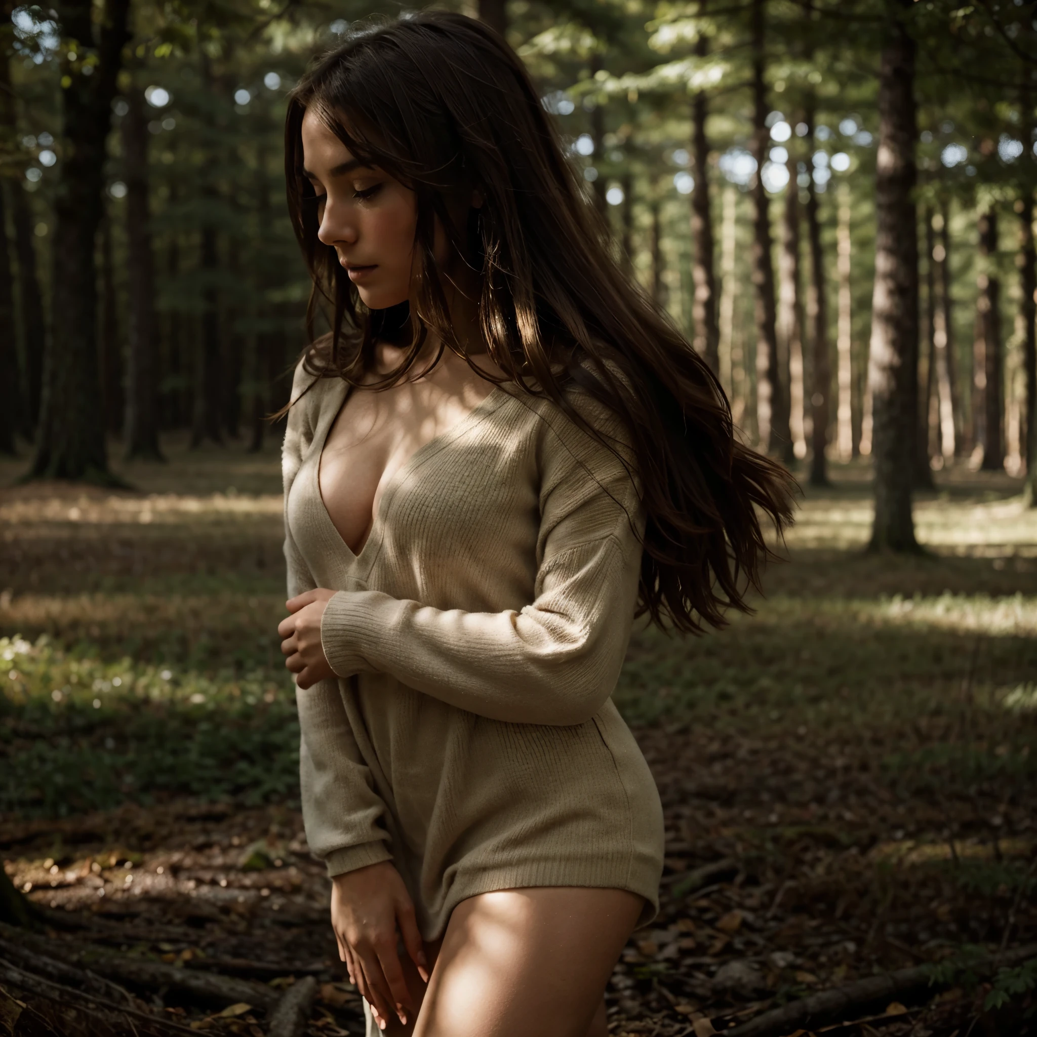 solo brunette,dressed warmly,elegant,graceful posture,sensual pose,photography,low key,fine art,soft and tousled hair,subtle shadows,striking silhouette,artful simplicity,exquisite details,deep emotions,captivating beauty, forest.