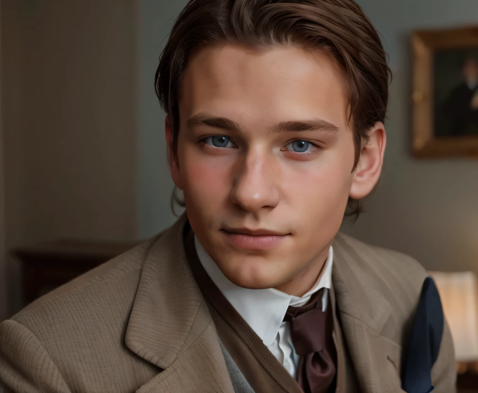 A young guy of 17 years old with brown hair and light blue eyes, dressed in a brown suit and tie according to Victorian era fashion of 1886 year, photo real, photo of a real guy, 8k. hyper real, photorealistic color photography, lifelike, photo, realistic, detail skin texture