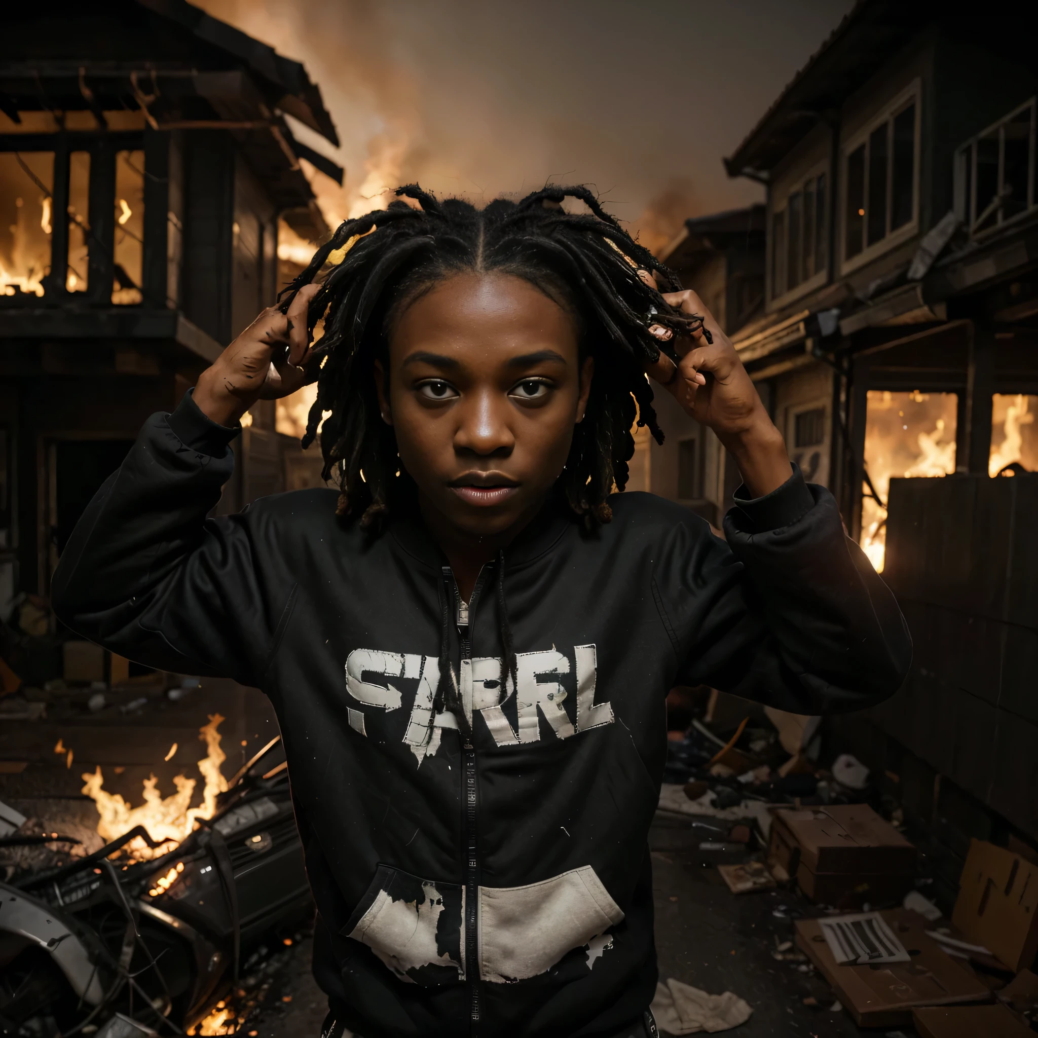 ultra realistic photo of a black boy with short dreadlocks wearing streetwear clothes, floating with open arms in a dark night scene completely destroyed around him, with houses and vehicles on fire, several money bills flying as they burn. the scenario represents the idea that nothing comes without a cost, be it financial, effort or in some other way.