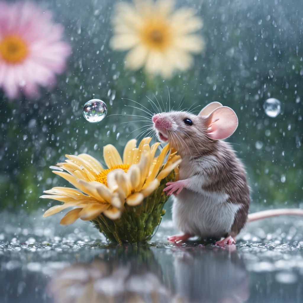 a high definition image of a rainy landscape where (a mouse is under a soaked flower:1.2), in glass art style, mice looking at the raindrops of the colorful daisy flower petals with a blurred background (with tones very soft color: 1.32)