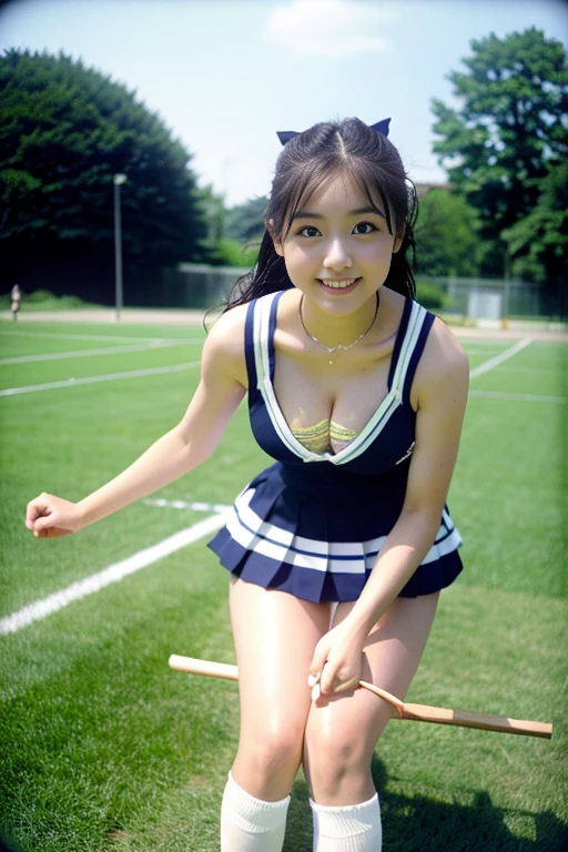 ((highest quality)), ((masterpiece)), 18 year old real Japanese beautiful girl idol high school student、Cheerleading practice on a midsummer day、No sleeve、40cm miniskirt above the knee、beautiful thighs、beautiful little cleavage、My whole body is wet with sweat、front horizontal angle、hold the rope between your legs、Hold the stick between your chests