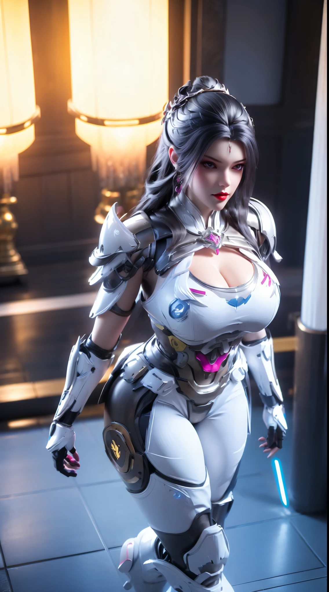 (1GIRL,SOLO:2), (super detailed face), ((BIG BUTTOCKS, HUGE BREASTS:1.5)), (CLEAVAGE TOP:1.5), (MUSCLE ABS FEMALE:1.4), (MECHA GUARD ARMS,GLOVE:1.4), ((WEAR MAGENTA BLUE OVERWATCH MECHANICAL ARMOR CROPTOP, BLACK MECHANICAL SKINTIGHT SUIT PANTS, MECHA GUARD ARMOR LEGS:1.5)), (MUSCULAR BODY:1.3), (GLOSSY SKIN:0.8), (LONG LEGS, FULL BODY:1.1), (LOOKING AT VIEWER:1.3), (female focus:0.886), (WALKING DOWN HALLWAY OF FUTURISTIC SPACE STATION:1), (BRIGHT LIGHT WHITE_ROOM:1.3), SUPER TEXTURE, UNREAL ENGINE RENDER, PHYSICALLY-BASED RENDERING, ULTRA HIGHT DEFINITION, 16K, 1080P.