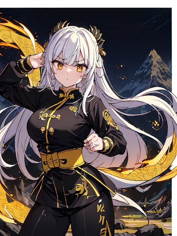 ((8k ultrasharp, Masterpiece, look at viewers with serious, battle stance taekwondo)), A girl, white long hair goes through waist, Gold vertical eyes flows, wearing a black Tangzhuang has a Chinese dragon pattern edgy and aesthetic design, black long sleeve, black pants, ((Mountain dynamics background)), ((Mountain background))