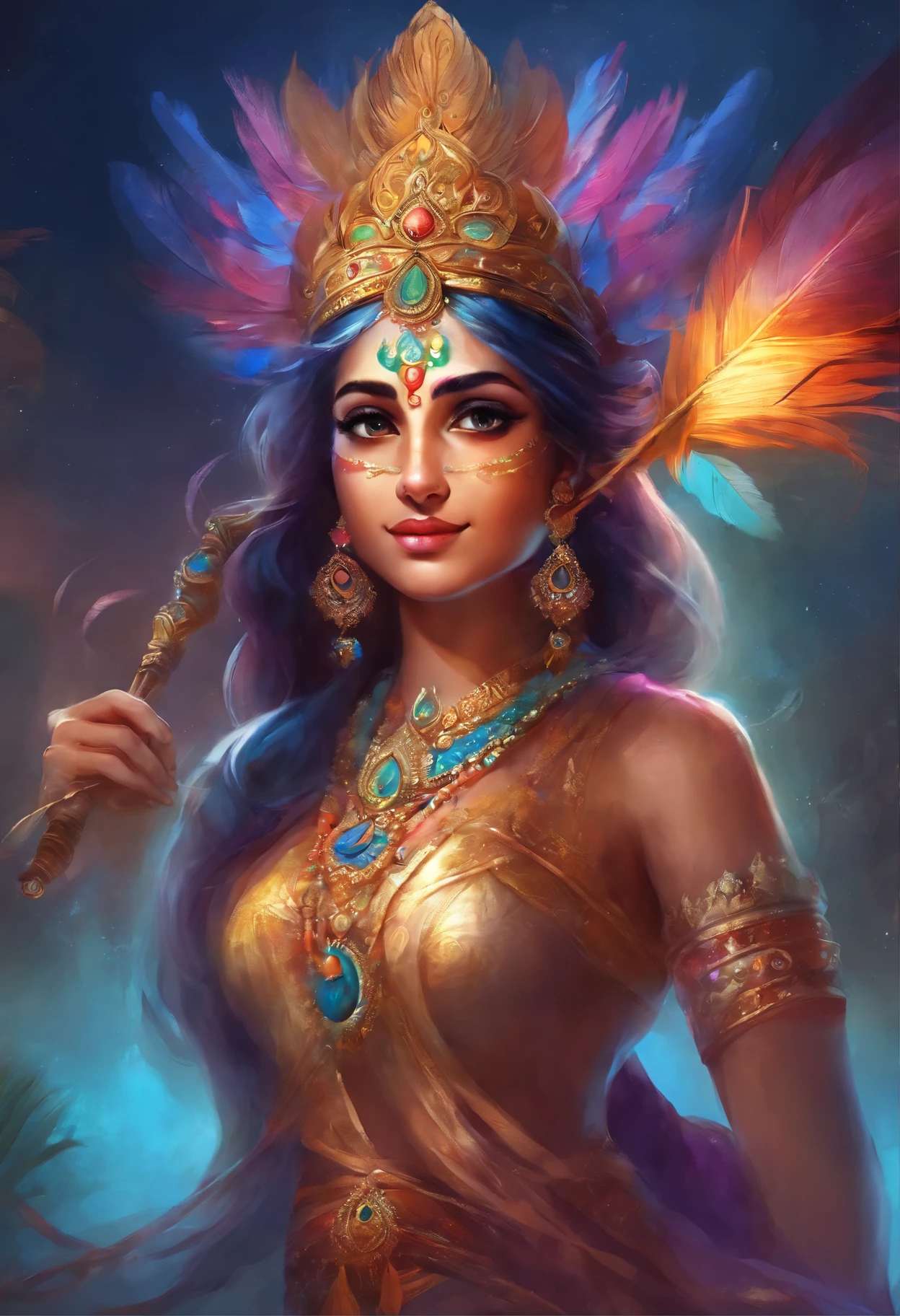 An 8K high-definition portrait(( Indian god Lord Krishna)), pecock feather in crown, fluit, godly glowing light, masterpiece, ultradetail, 8k