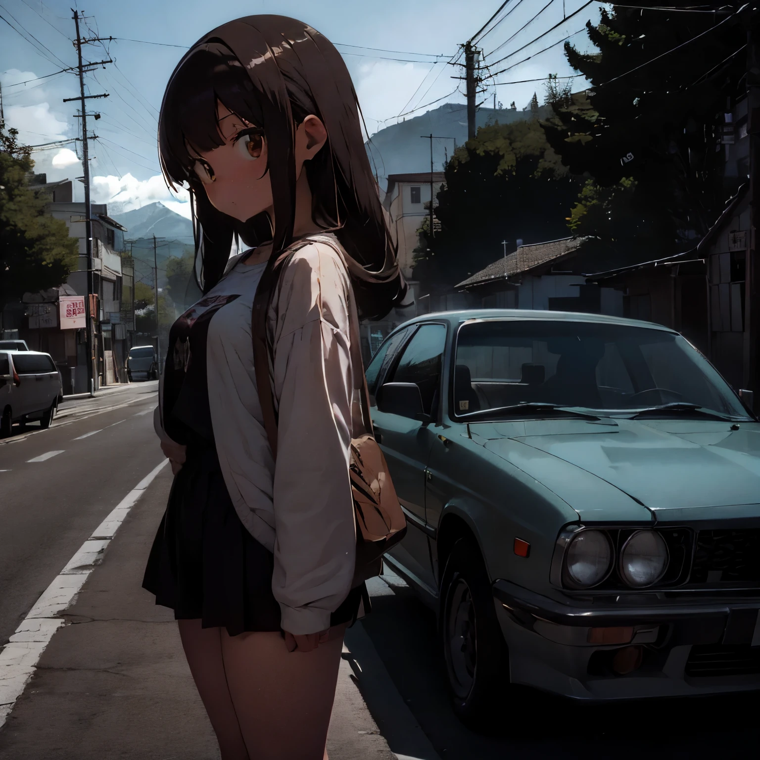 anime style, 1 girl, , 159 cm tall, brown long hair, brown eyes, slender body, B cup chest, silver 1973 nissan (KPGC110) in the background, myogi mountain pass, at night