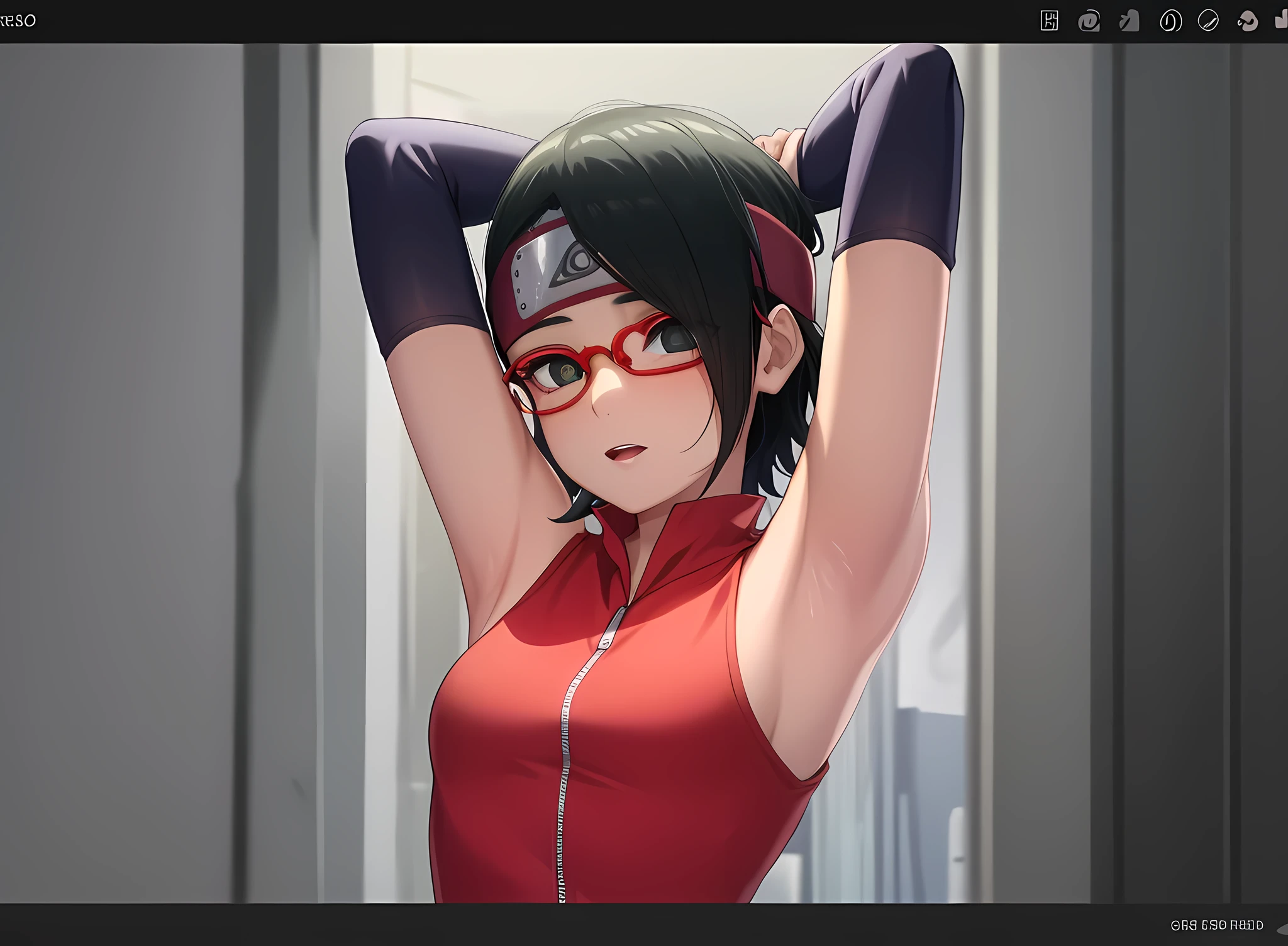 Naked, wet , , wearing red clothes, black hair, short hair, showing armpits, showing , cute face, sharingan eyes, sarada_uchiha, in class, on the desk