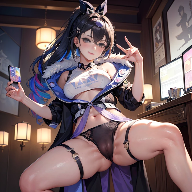 SilverWolf V4,(masterpiece:1.2), best quality, (illustration:1.2), (Super detailed),eye focus,(精雕细琢的辉Light, 粉色镜头Light晕), (movie background),(((rich and colorful))), Super details, (Delicate and meticulous), (intricate details), octane rendering, human development report, (Super detailed的:1.15), (soft light:1.2), 1 girl, beautiful girl, Super detailed的眼睛, Mature, full, rainbow painted drops,(supermodel:1.3), Made of paint, completely painted, snap, snap, snap, splash, indoors, (生物发Light头发:1.1),(发Light的眼睛), ((cosmetic)),(masterpiece), fiercely, powerful, splashes of colour absolutely eye-catching, (Cinema headlight), ((corrosive)), dynamic angle, 美丽细致的Light芒, 环境Light遮蔽, 环境Light, Light线追踪反射,(best lighting, extremely delicate and beautiful), ((Light)), (soft:2),ulzang-6500-v1.1, (hyper-realistic) , (illustration), (Increase resolution), (8k), (Very detailed), (最佳illustration), (Beautiful and delicate eyes), (best quality), (Super detailed), (masterpiece),, (Detailed face), alone,1 girl, looking at the audience, Exquisite details, Detailed face, front, Bangs, 1 girl, black hair, Tempting, lust, 渴望Big breasts, blush, adult, Big breasts, thin waist, (no underwear), Slim, Tempting smile, long hair, Straight black shawl,, 1 girl, , ((dynamic poses)), (camel toe), (half),(spread legs)),, national foundation, pure wear and tear,