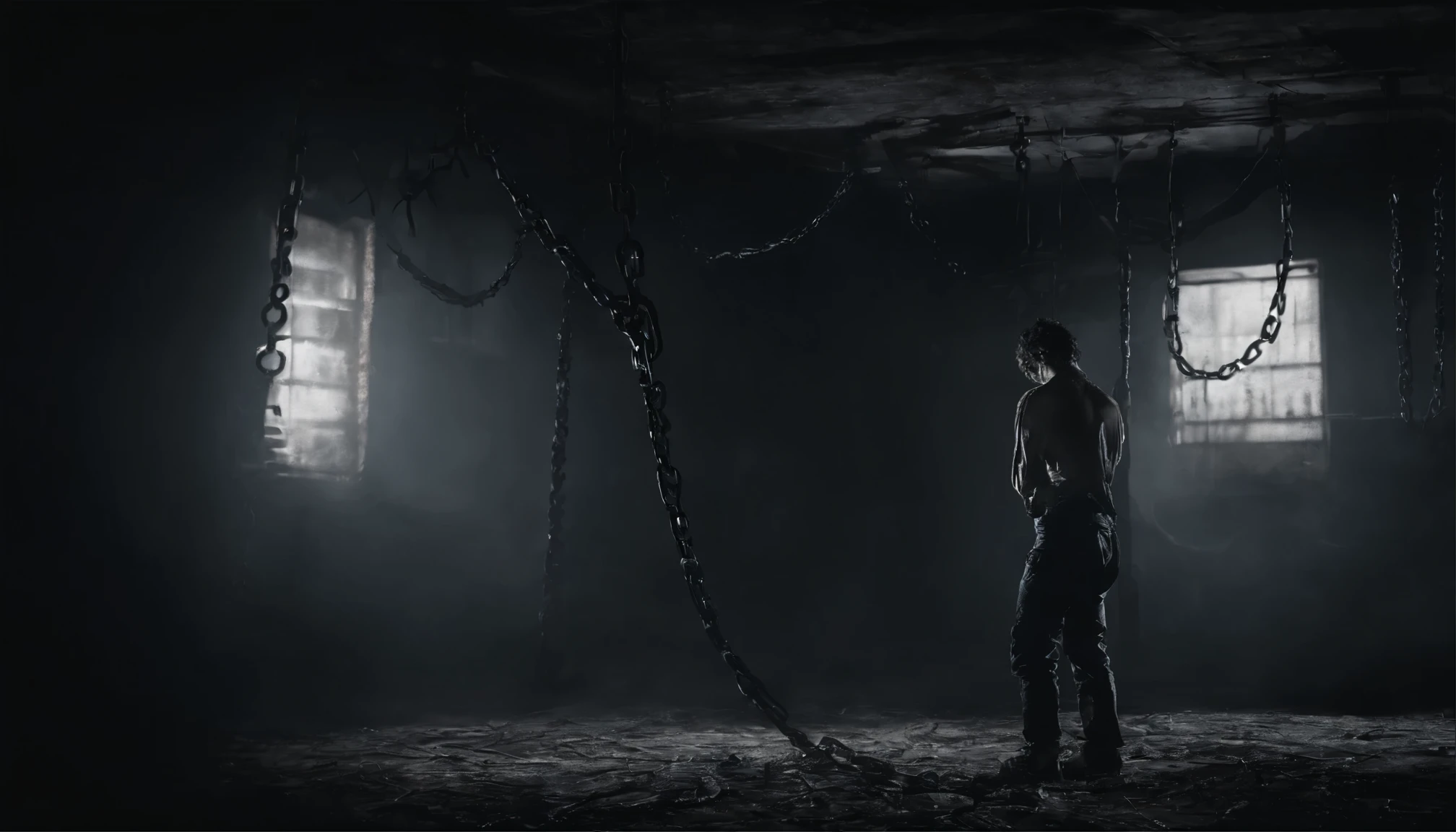 blonde man abducted wearing boxer shorts, tied with ropes to a chair in a warehouse, cinematic scene from film