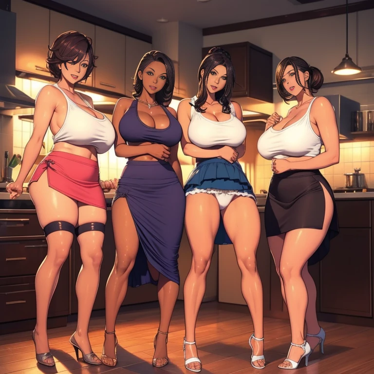 multiple thick body female mature milfs wearing tank top and long skirt, standing in kitchen dancing smiling, show bare breasts and nipples hanging out, lift skirt show panties, nsfw, different style panties, different color panties, dark skin tone milf, squatting open legs,