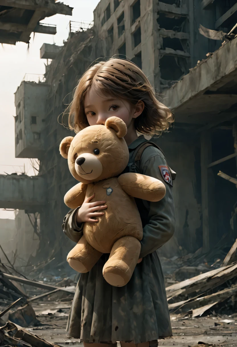 A  girl, Holding a teddy bear, Standing in a nuclear wasteland. The once bustling city is now in ruins, Ruined buildings and abandoned vehicles litter the desolation. Nature has begun to take back territory, Plants growing in cracks in concrete，Vines wrap around the rotting structure. The atmosphere is weird, There is a feeling of loneliness and despair in the air. The scene is bathed in a dark and moody light, Emphasis on post-apocalyptic setting. The girl&#39;s expression reflects her loneliness and the weight of the world she carries on her shoulders. in this heartless world，The teddy bear she held provided her with some comfort. The colors become softer, Features a desaturated and washed out color palette, further enhances the desolate atmosphere of the scene