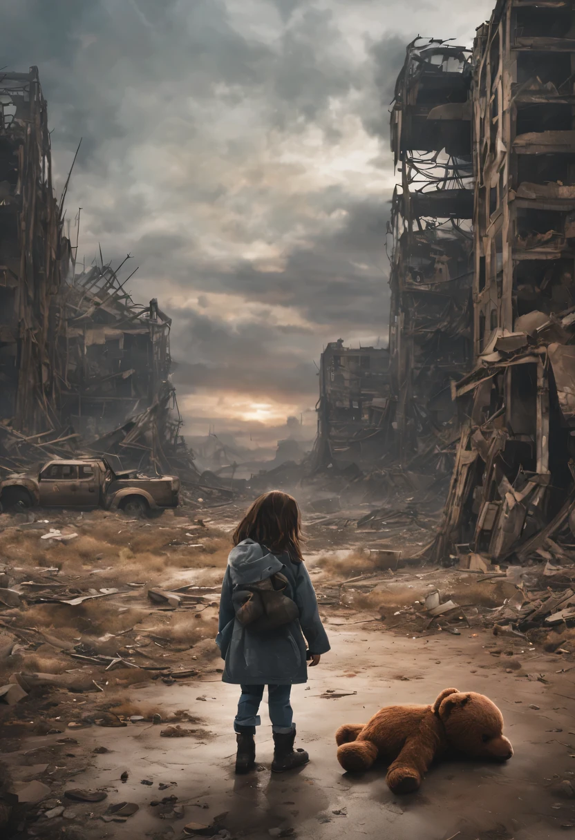 A girl, Holding a teddy bear, Standing in a nuclear wasteland. The once bustling city is now in ruins, Ruined buildings and abandoned vehicles litter the desolation. Nature has begun to take back territory, Plants growing in cracks in concrete,Vines wrap around the rotting structure. The atmosphere is weird, There is a feeling of loneliness and despair in the air. The scene is bathed in a dark and moody light, Emphasis on post-apocalyptic setting. The girl's expression reflects her loneliness and the weight of the world she carries on her shoulders. in this heartless world,The teddy bear she held provided her with some comfort. The colors become softer, Features a desaturated and washed out color palette, further enhances the desolate atmosphere of the scene
