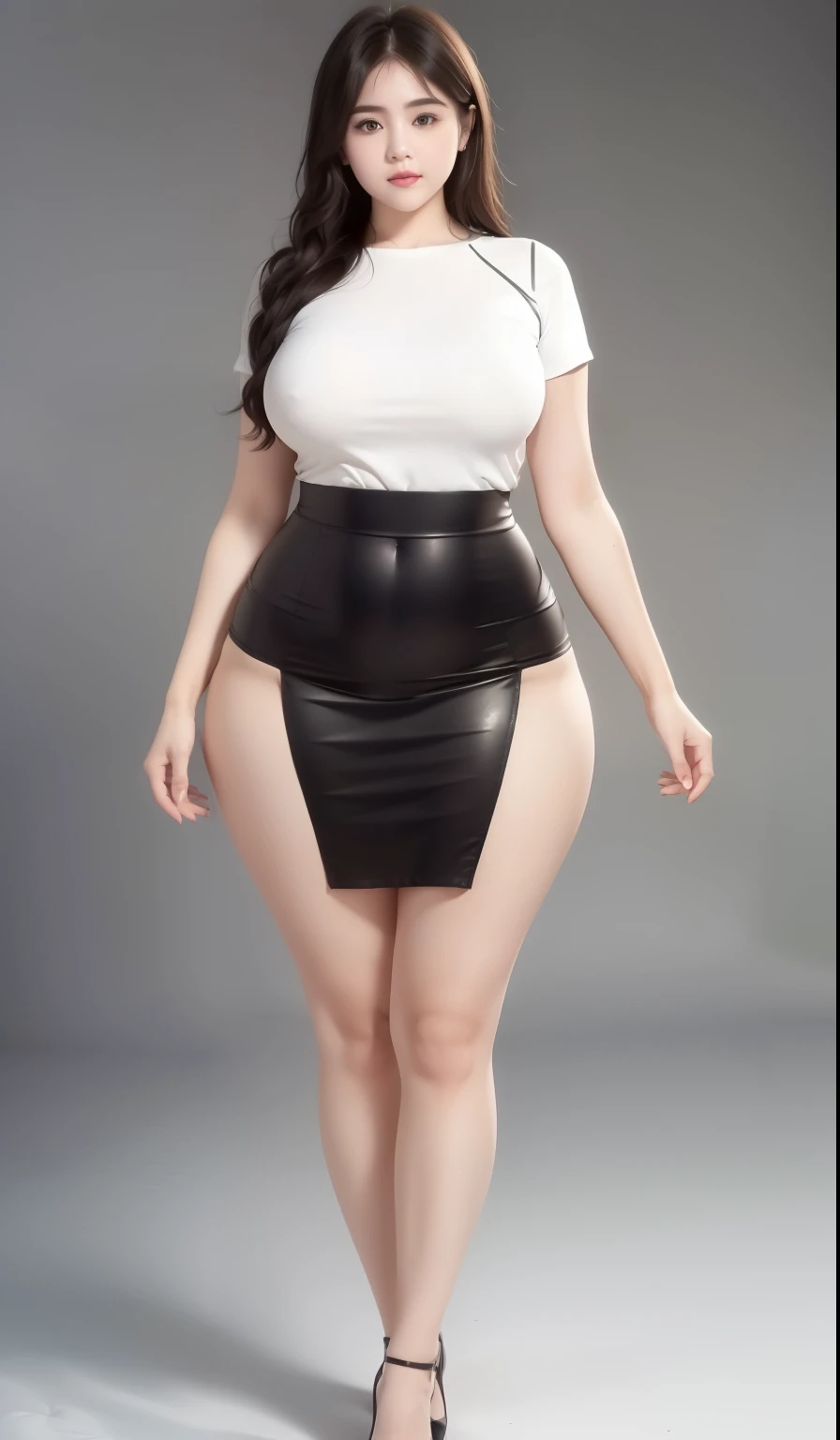 a woman in a skirt posing for a picture, curvy hourglass figure, wearing tight simple clothes, good hips and long legs, curvy model, very y outfit, perfectly proportioned, thick legs, thick body, seductively looking in front, massive legs towering over you, tight attire, thicc, wide hips, widest hips, full body, chubby cheeks, matce