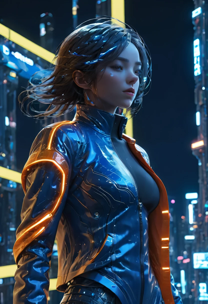 1个girl, Blue leather coat, girl, medium breasts, , Skyscraper night scene neon lights top quality ultra high definition cyberpunk，space station launch base
