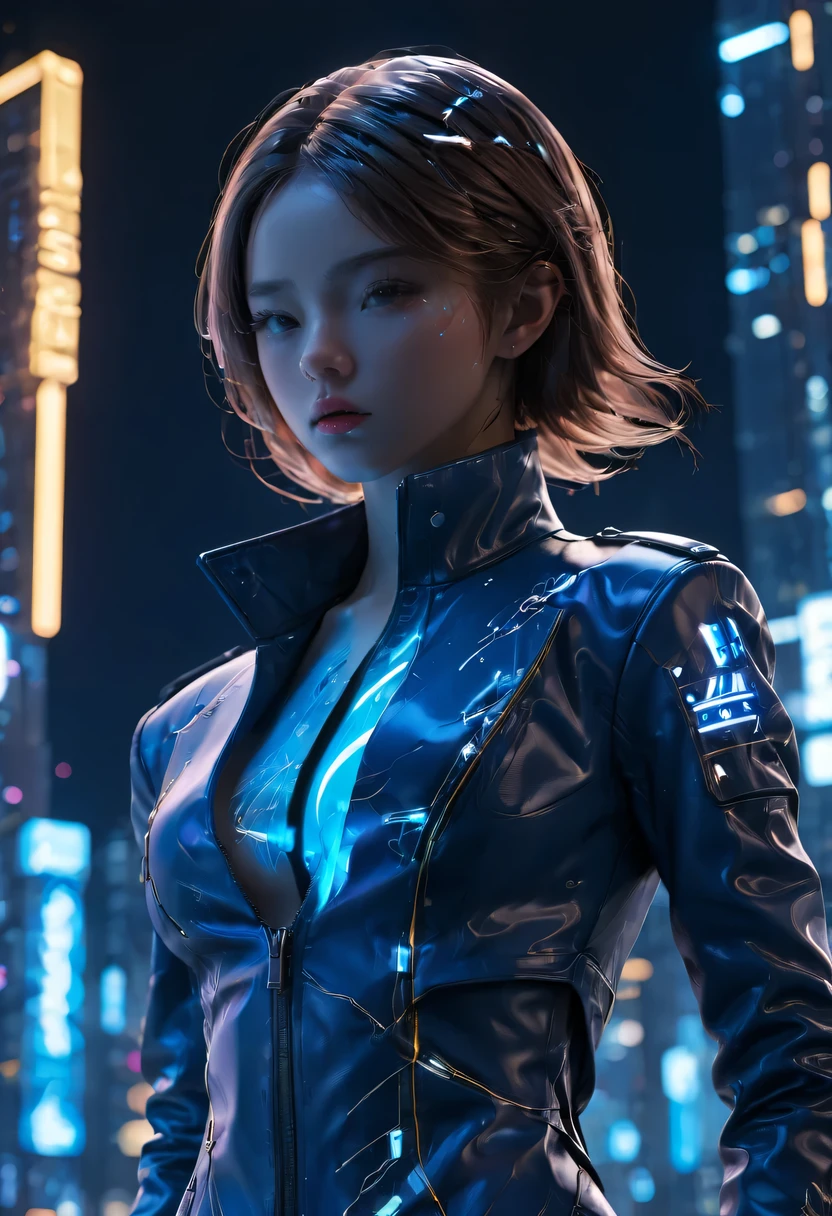 1个girl, Blue leather coat, girl, medium breasts, , Skyscraper night scene neon lights top quality ultra high definition cyberpunk