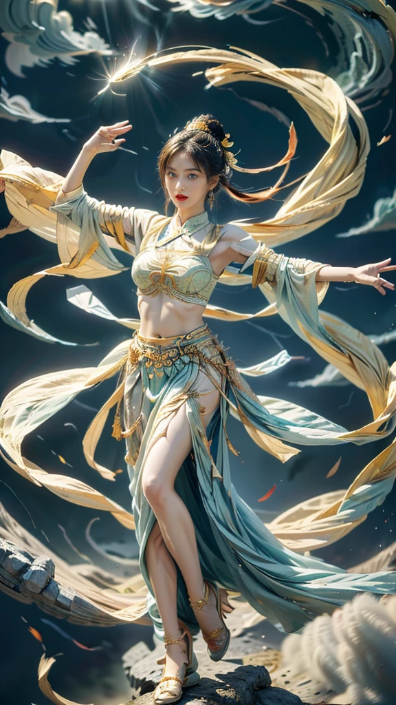 An ancient Chinese painting scroll, The main pattern above is: (Spring Festival poster,Featuring a playful character design style,zbrush,可爱而dream,Transparent,Smooth,magic core,yellow color,Flying fairy bun,White lace flowing skirt,translucent medium,Embrace the lute,flying in the air,Elegant and graceful posture,Award-winning masterpiece,Super detailed,Dunhuang style,Dunhuang flying mural,Big Dream Dunhuang,Flying Dance,pipa dance,crazy fantasy,Surrealism,dream,A fantasy world,Intricate Chinese Dunhuang mural background,Chinese culture,Festive atmosphere,national current,anime illustration,Ultra-high-definition CG,3D rendering,ultra HD16k)