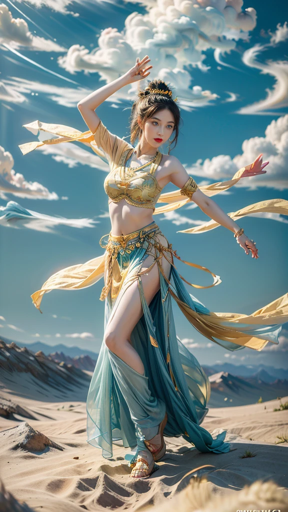 An ancient Chinese painting scroll, The main pattern above is： （Spring Festival poster，Featuring a playful character design style，zbrush，可爱而dream，Transparent，Smooth，magic core，yellow color，Flying fairy bun，White lace flowing skirt，translucent medium，Embrace the lute，flying in the air，Elegant and graceful posture，Award-winning masterpiece，Super detailed，Dunhuang style，Dunhuang flying mural，Big Dream Dunhuang，Flying Dance，pipa dance，crazy fantasy，Surrealism，dream，A fantasy world，Intricate Chinese Dunhuang mural background，Chinese culture，Festive atmosphere，national current，anime illustration，Ultra-high-definition CG，3D rendering，ultra HD16k）