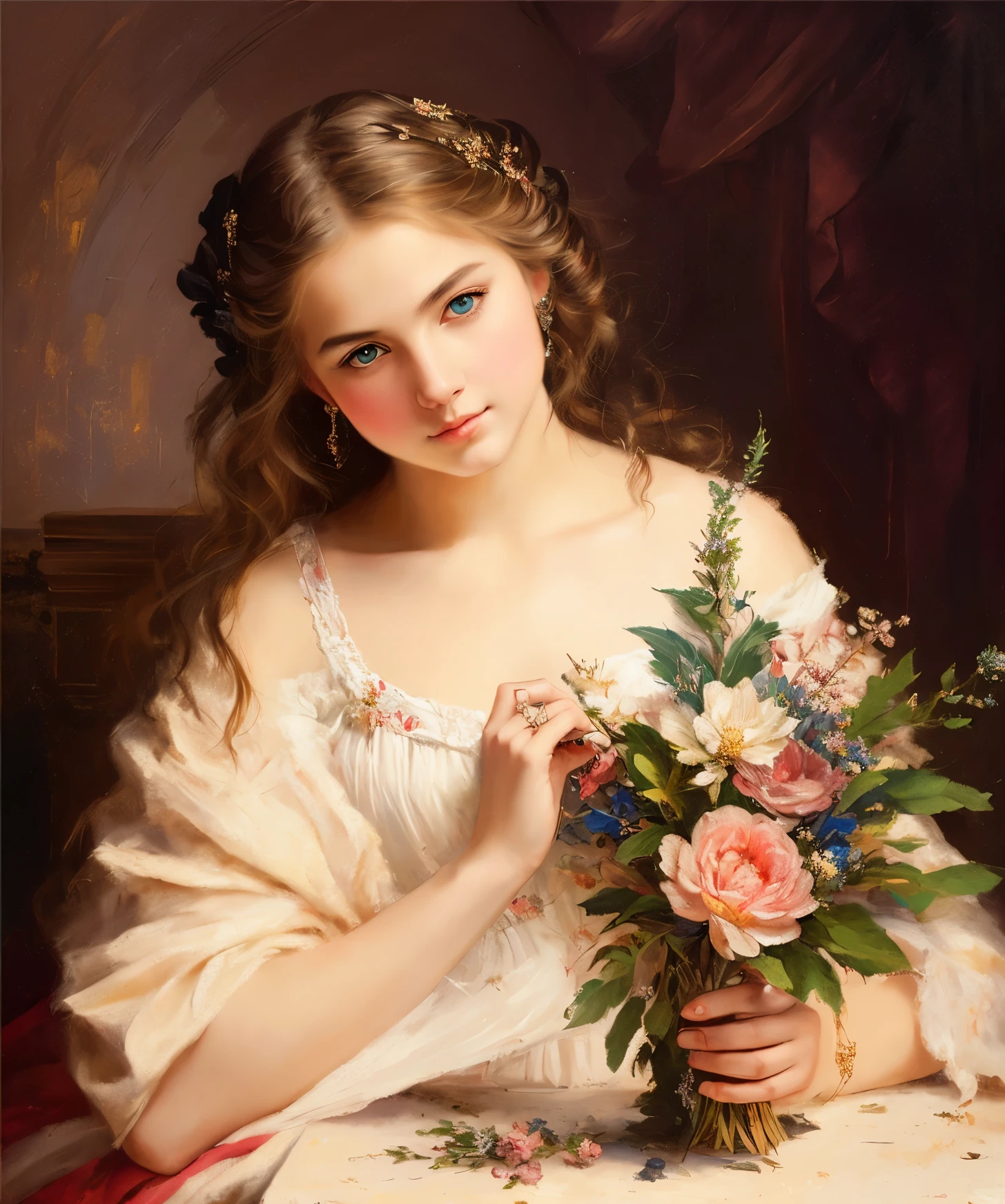 portrait, girl, middle ages, classicism, andrey atroshenko style, painting, pierced eyes, beautifully styled hair, traditional media, realistic, figurative, fine art, oil on canvas, HDR, 8K, original character, high resolution, high detail, focus on the face, beautiful eyes 