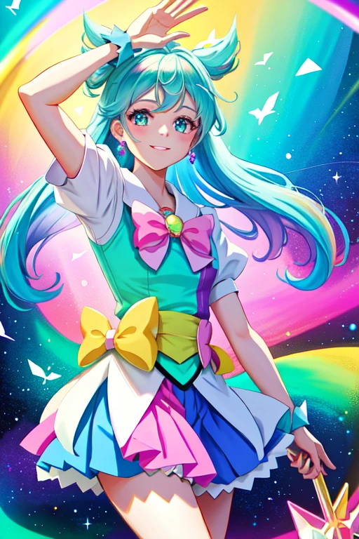 Magical girl, pastel rainbow, opal, glowing,