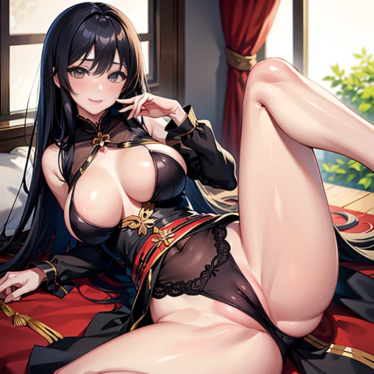 ulzang-6500-v1.1, (hyper-realistic) , (illustration), (Increase resolution), (8k), (Very detailed), (最佳illustration), (Beautiful and delicate eyes), (best quality), (Super detailed), (masterpiece),, (Detailed face), alone,1 girl, looking at the audience, Exquisite details, Detailed face, front, Bangs, 1 girl, black hair, Tempting, lust, 渴望Big breasts, blush, adult, Big breasts, thin waist, (no underwear), Slim, Tempting smile, long hair, Straight black shawl,, 1 girl, , ((dynamic poses)), (camel toe), (half),(spread legs)),, national foundation, pure wear and tear,