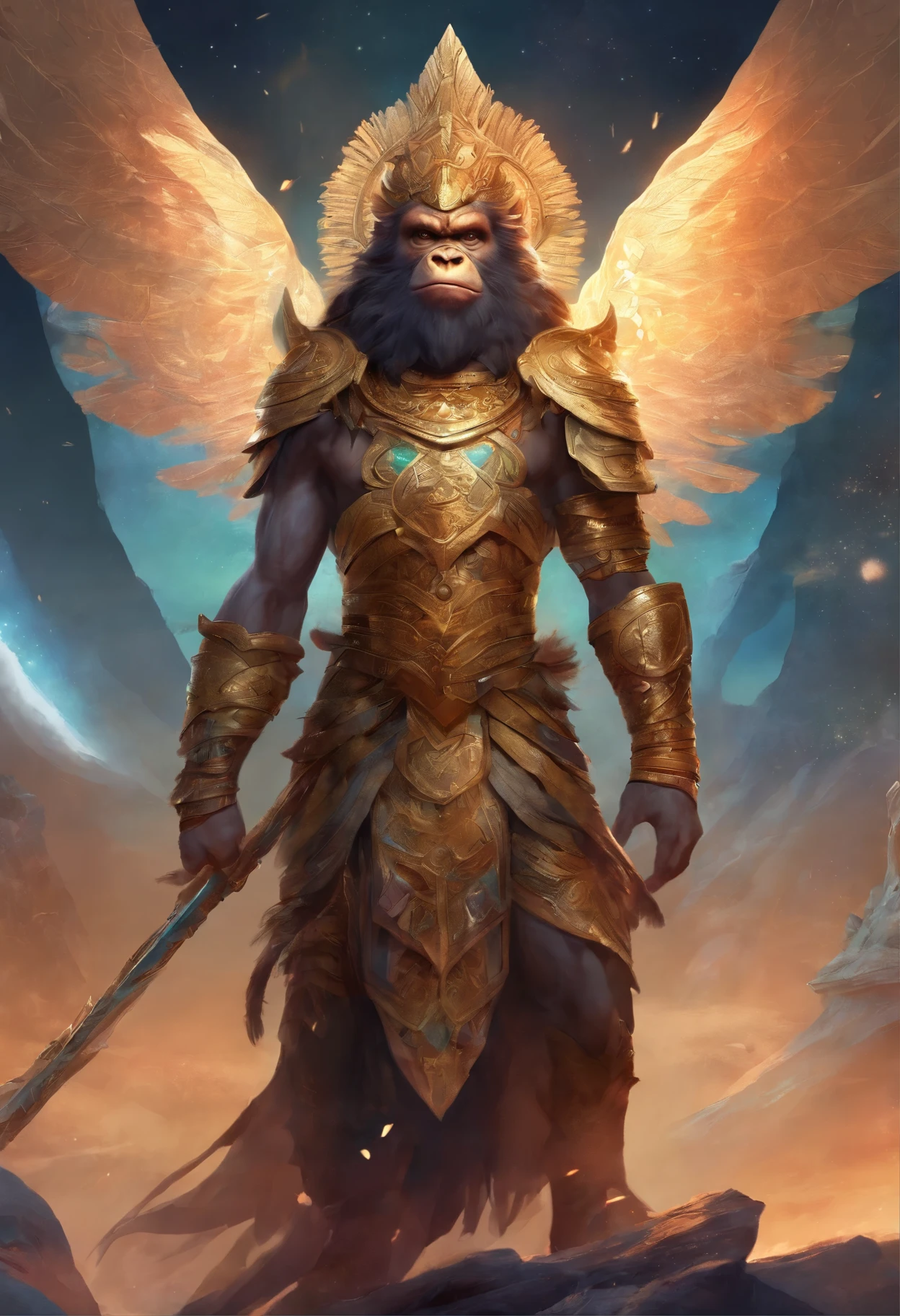 An 8K high-definition portrait, Apes with tribal ornaments, standing like hero in a war land, heroic look, masterpiece, ultradetail, 8k