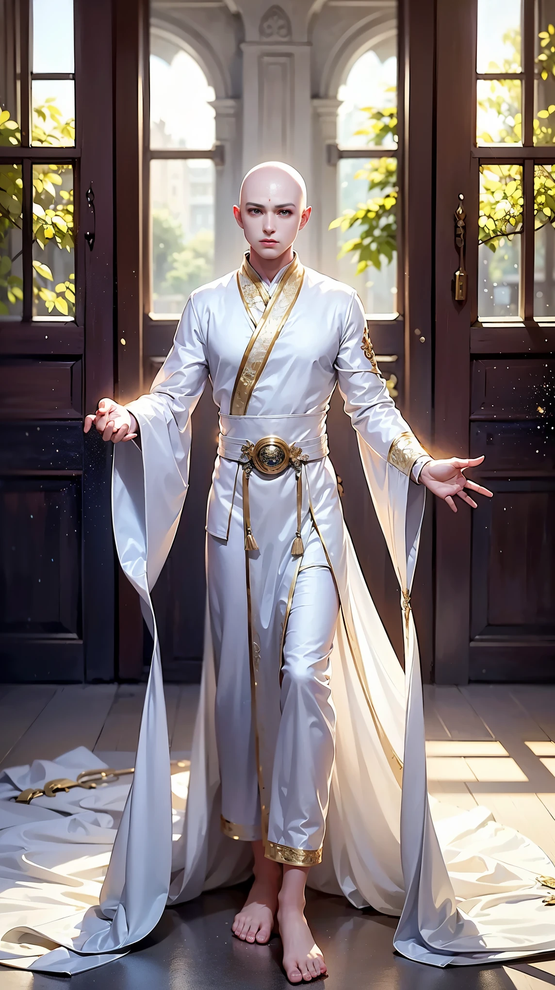 ((masterpiece)), HD clarity, monk,stand，cloth shoes， (((( 1 person, white sleeves, Bald, robe))))，(((1 teenager，Bald，monk，entire human body，tear nevus:)))，(Bald:1.8)，Cool sensation，nature，peaceful，childish。best quality，grand master：1.4），ultra high resolution，realistically，front lighting，intricate details，alone，（When ），looking at the audience，（Hollow pattern，white，silk），fit，VIP room，professional lighting，photon mapping，Radiosity，Physically based rendering，