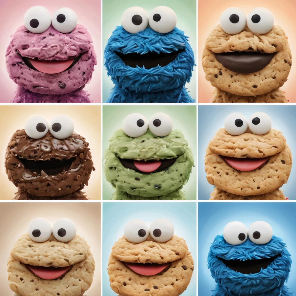 (extreme Soft Color Tones), (best quality, highres, ultra-detailed), (realistic:1.37)

Image divided into 8 parts, catalog of different types of "Cookie Monster", (Soft Color Tones), (concept artists), natural lighting
