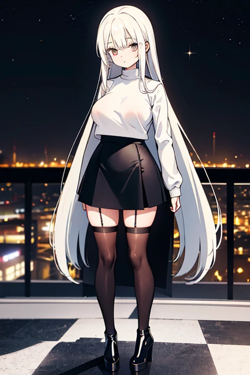 Petite and slender woman with long yellow hair, wearing a white turtleneck sweater and a black leather jacket on top, a mini skirt (black), white stockings, and high-heeled black boots. She is standing on a balcony, looking at the starry sky on a brightly moonlit night. Enormous breasts, covered nipples, rounded belly