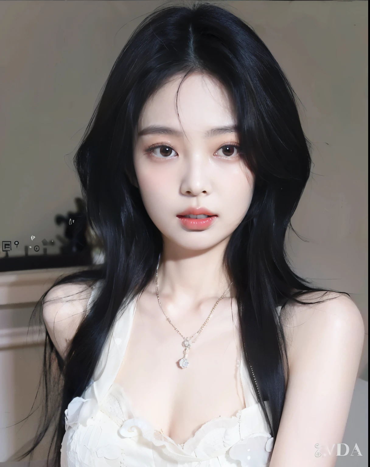 Close-up of woman with long black hair wearing a white dress, Cruel Korean Gothic Girl, ulzzang, korean girl, beautiful south korean women, gorgeous young korean women, Anime girl in real life, Pale gothic beauty, beautiful young korean women, Black hair and big eyes, black hime cut hair, korean women, popular south korean makeup, Beautiful Asian girl