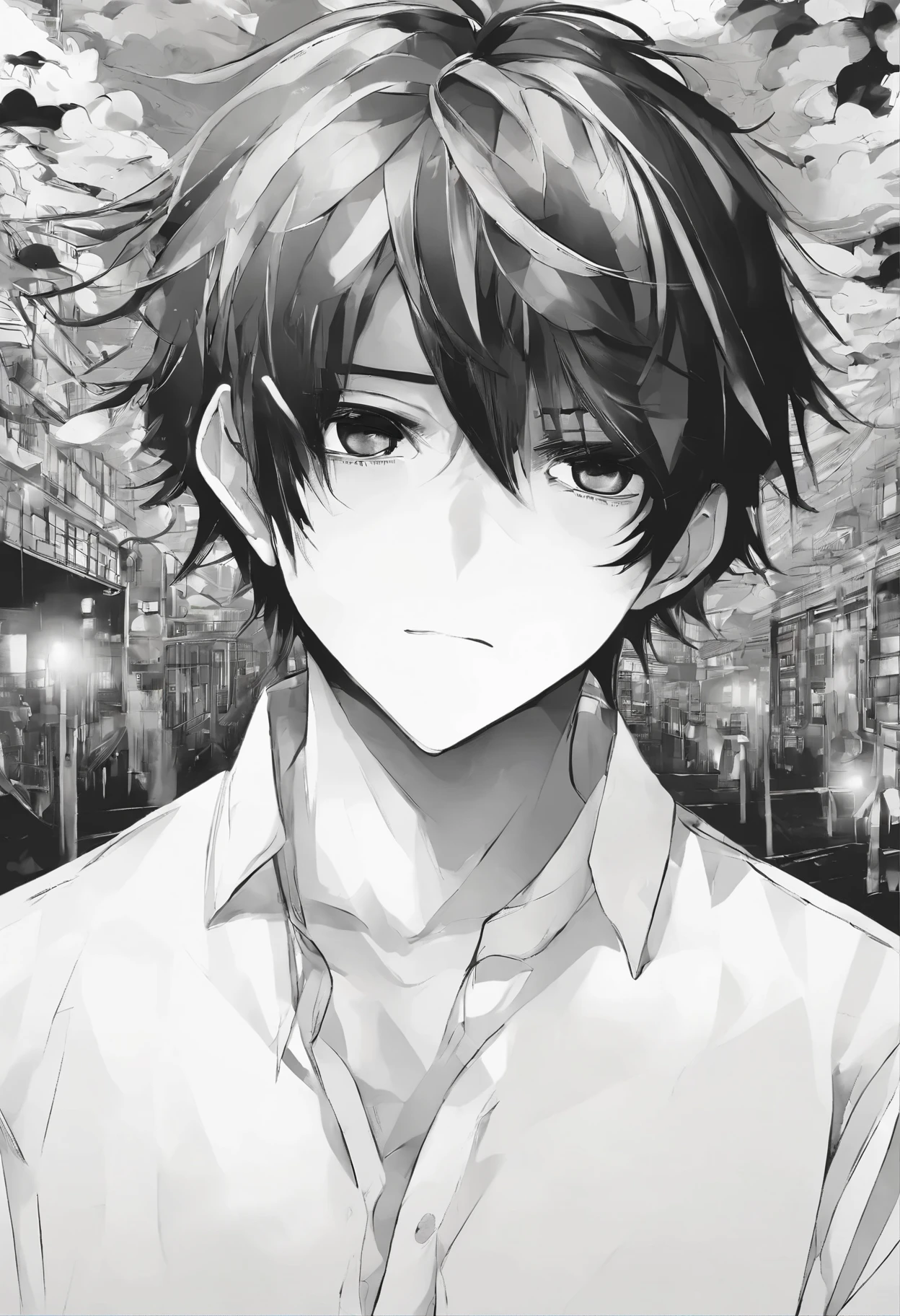 Depressed boy with white skin and black hair in white shirt covering his eyes with hands holding ballpoint pen in one hand around black and white street background sickly and gentle boy。