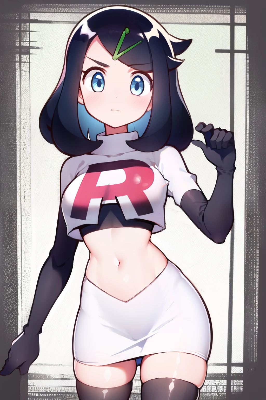 liko, 1girl, solo, looking at viewer, blue eyes, black hair, hair ornament, hairclip, eyelashes, team rocket,team rocket uniform,white skirt,crop top,black thigh-highs,black elbow gloves,