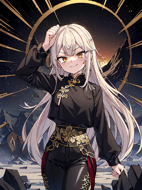 ((8k ultrasharp, Masterpiece, look at viewers with smirks, Fist in the ground debris shattered, cracking debris)), A girl, white long hair goes through waist, Gold vertical eyes flows, wearing a black Tangzhuang has a Chinese dragon pattern edgy and aesthetic design, black long sleeve, black pants, ((Mountain dynamics background)), ((Mountain Dynamic Background)),