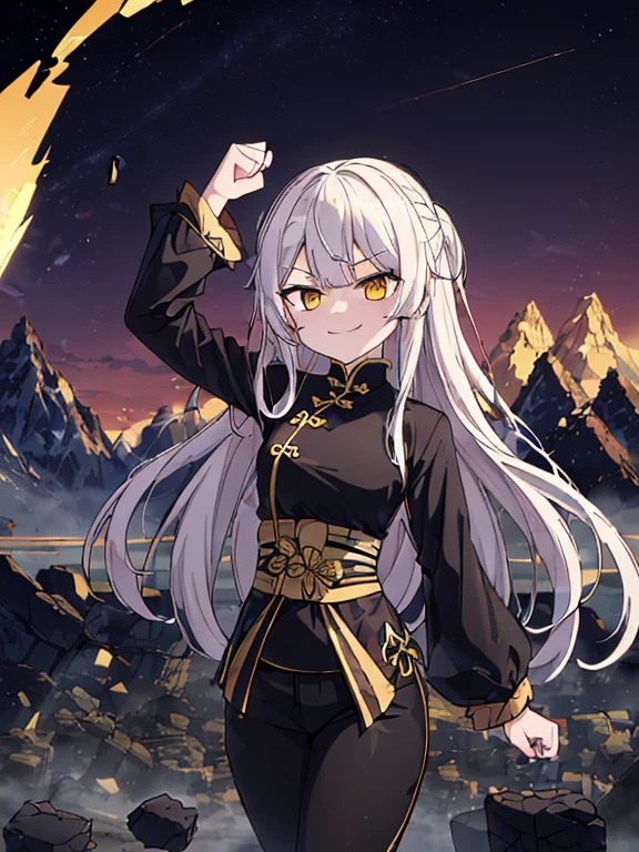 ((8k ultrasharp, Masterpiece, look at viewers with smirks, Fist in the ground debris shattered, cracking debris)), A girl, white long hair goes through waist, Gold vertical eyes flows, wearing a black Tangzhuang has a Chinese dragon pattern edgy and aesthetic design, black long sleeve, black pants, ((Mountain dynamics background)), ((Mountain Dynamic Background)),