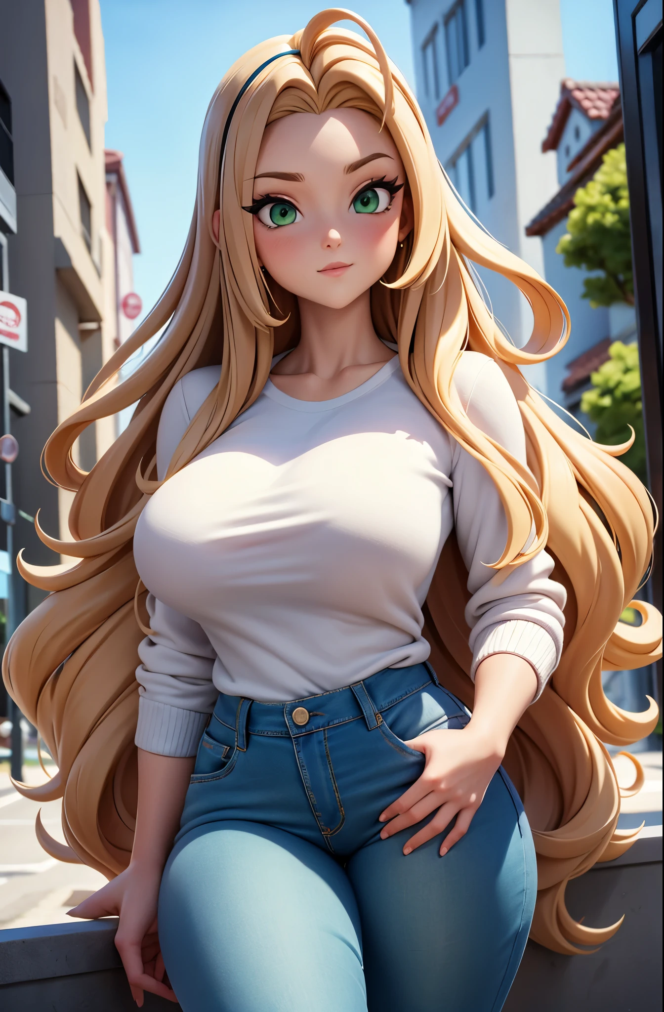 high stature, long hair light chestnut tone, big and almond eyes, intense green eyes, slender and elegant figure, wear jeans, a pastel blouse with a pastel colored and a bump jacket, he combined his attire with white sneakers, big boobs