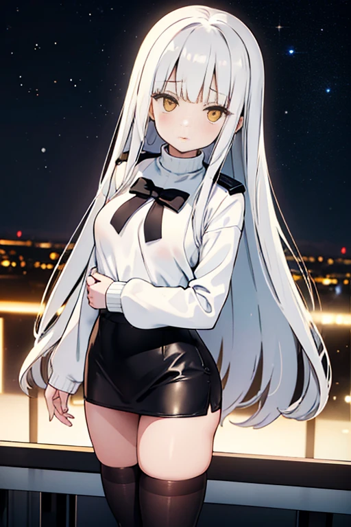 Petite and slender woman with long yellow hair, wearing a white turtleneck sweater and a black leather jacket on top, a mini skirt (black), white stockings, and high-heeled black boots. She is standing on a balcony, looking at the starry sky on a brightly moonlit night. Enormous breasts, covered nipples, rounded belly, overhanging shirt