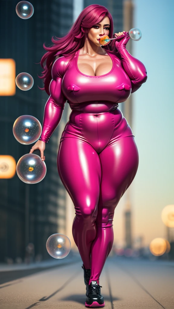 living inflatable sex doll, poison, (long sleeved bright pink and gold trimmed leather jacket with letter logos), (extra long and thick pink hair), (blue and gold pleather pants with open fly and pockets), platform sneakers, endomorphic woman, (huge muscle:1.5), (erect futanari penis expansion:1.5), huge balls, zoo, many balloons, happy, happy, perfect quality, clear focus (clutter - home: 0.8), (masterpiece: 1.2) (realistic: 1.2) (bokeh) (best quality) (detailed skin: 1.3) (intricate details) (8K) (detail eyes) (sharp focus), (happy), full body shot, running down trail, sneakers, (blow bubble gum:1.5), bodybuilder