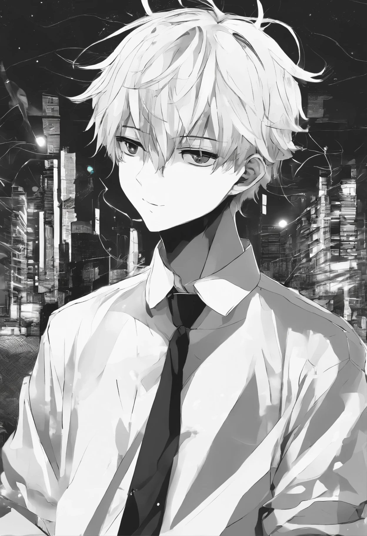 Depressed boy with white skin and black hair in white shirt covering his eyes with hands holding ballpoint pen in one hand around black and white street background sickly and gentle boy。