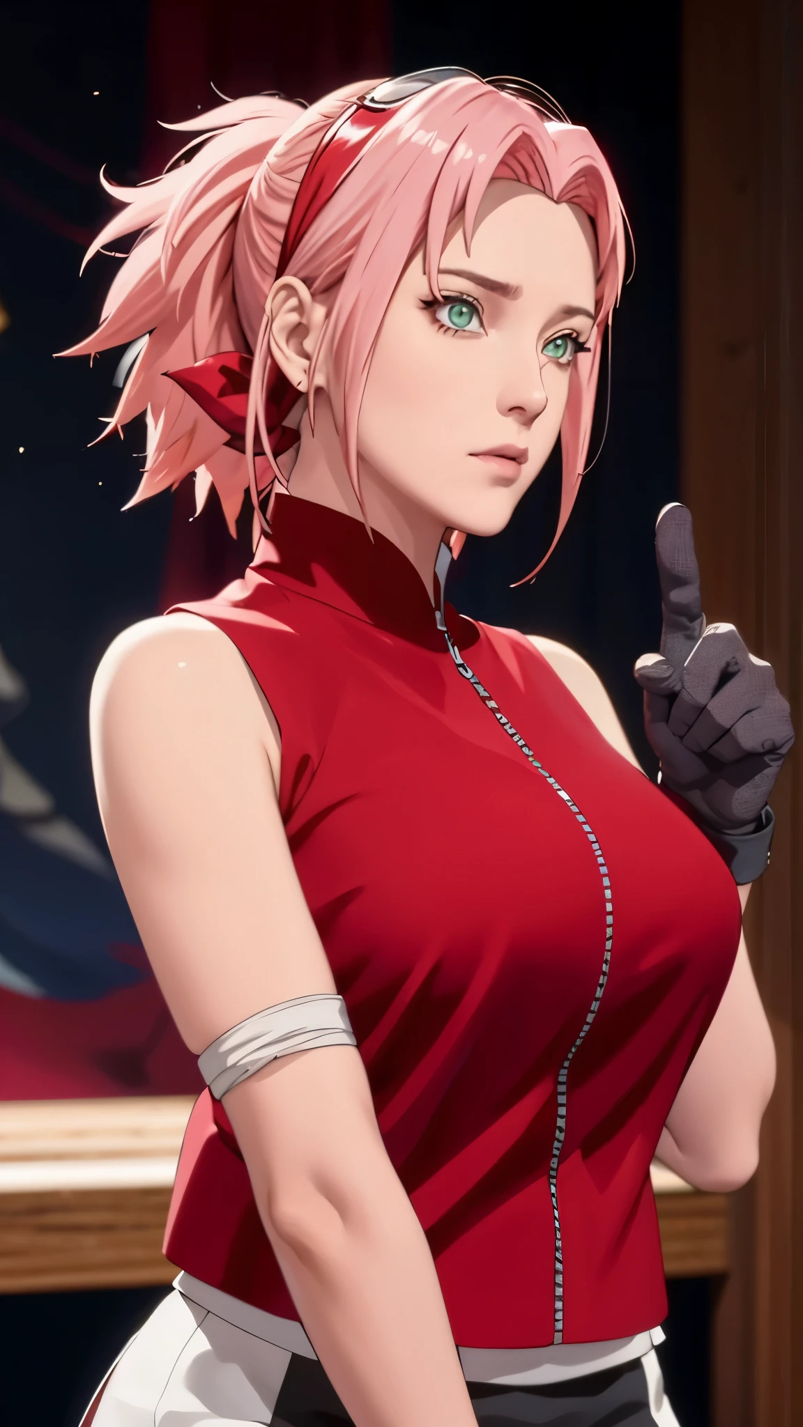 （（（short hair，red jacket, bandaged leg, skirt, black short, sleeveless, black gloves，（（（danya，Sakura,green eyes,bangs,forehead protector, shinobi symbol, ））），（（（wide hips））），S-shaped body:1.7））），((masterpiece)),high resolution, ((Best quality at best))，masterpiece，quality，Best quality，（（（ Exquisite facial features，looking at the audience,There is light in the eyes，lol，confidence ））），（（（Light and shadow interlace，huge ））），（（（Half-length close-up，A close-up half-length photo）））