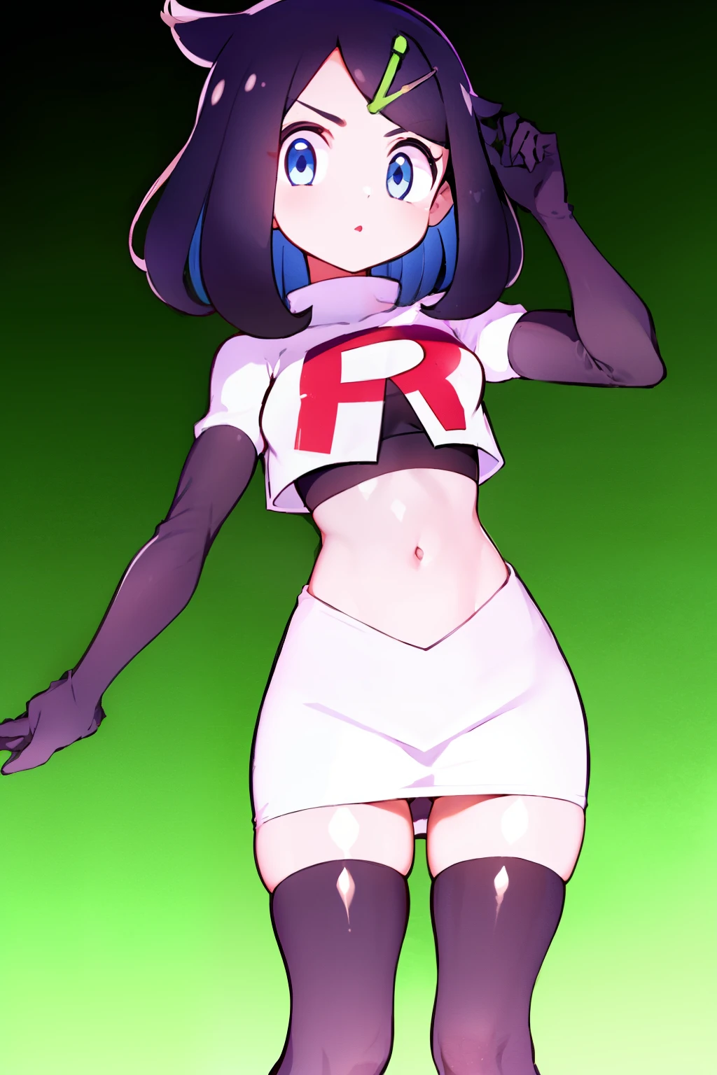 liko, 1girl, solo, looking at viewer, blue eyes, black hair, hair ornament, hairclip, eyelashes, team rocket,team rocket uniform,white skirt,crop top,black thigh-highs,black elbow gloves,