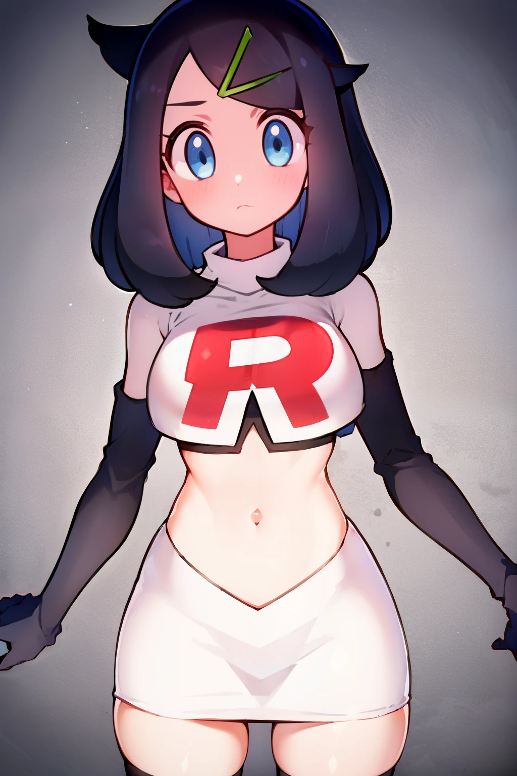 liko, 1girl, solo, looking at viewer, blue eyes, black hair, hair ornament, hairclip, eyelashes, team rocket,team rocket uniform,white skirt,crop top,black thigh-highs,black elbow gloves,