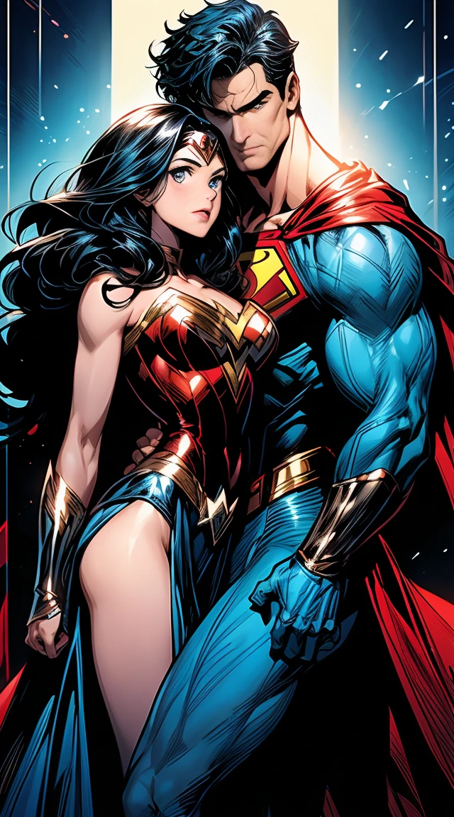 a superman and wonder woman standing next to each other, dc comics, dc comic, blu ray cover usa, comic book's cover, phil noto comicbook cover art, neal adams | centered, comic book cover art, comic book:.2, by Jim Lee, comic cover, style of dc comics, cover art of graphic novel, comic cover art
