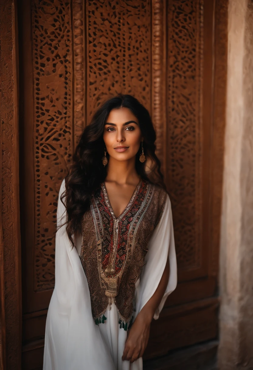 Certainly, let's create a more realistic and grounded description: Meet Leila, a down-to-earth 24-year-old Moroccan woman with a warmth that mirrors the golden hues of the Atlas Mountains. Leila's naturally black long hair, often tied in a loose ponytail, reflects a practical and comfortable style that complements her active lifestyle. Leila's wardrobe is a mix of casual and culturally inspired pieces. She often opts for a simple, yet stylish, black dress that allows her to move freely as she navigates the daily hustle of Moroccan life. The dress, adorned with subtle embroidery or local motifs, reflects her connection to tradition while embracing modern simplicity. With a minimal approach to makeup, Leila's features radiate authenticity. Her expressive dark brown eyes hold a depth of experience and curiosity, while a hint of neutral lip balm adds a touch of natural glow. Her beauty lies in the genuine and unfiltered charm that she brings to every interaction. Leila's days are filled with a blend of work, family, and community activities. Whether she's sharing stories with friends at a local café, participating in community events, or simply enjoying a quiet moment in a nearby park, her presence is marked by a sense of realness and sincerity. In the midst of Morocco's everyday life, Leila's black dress becomes a symbol of practical elegance, representing the beauty found in simplicity, cultural connection, and the authenticity that defines her character. She is a real and relatable embodiment of Moroccan grace and charm with morocan caftan posing in marakech