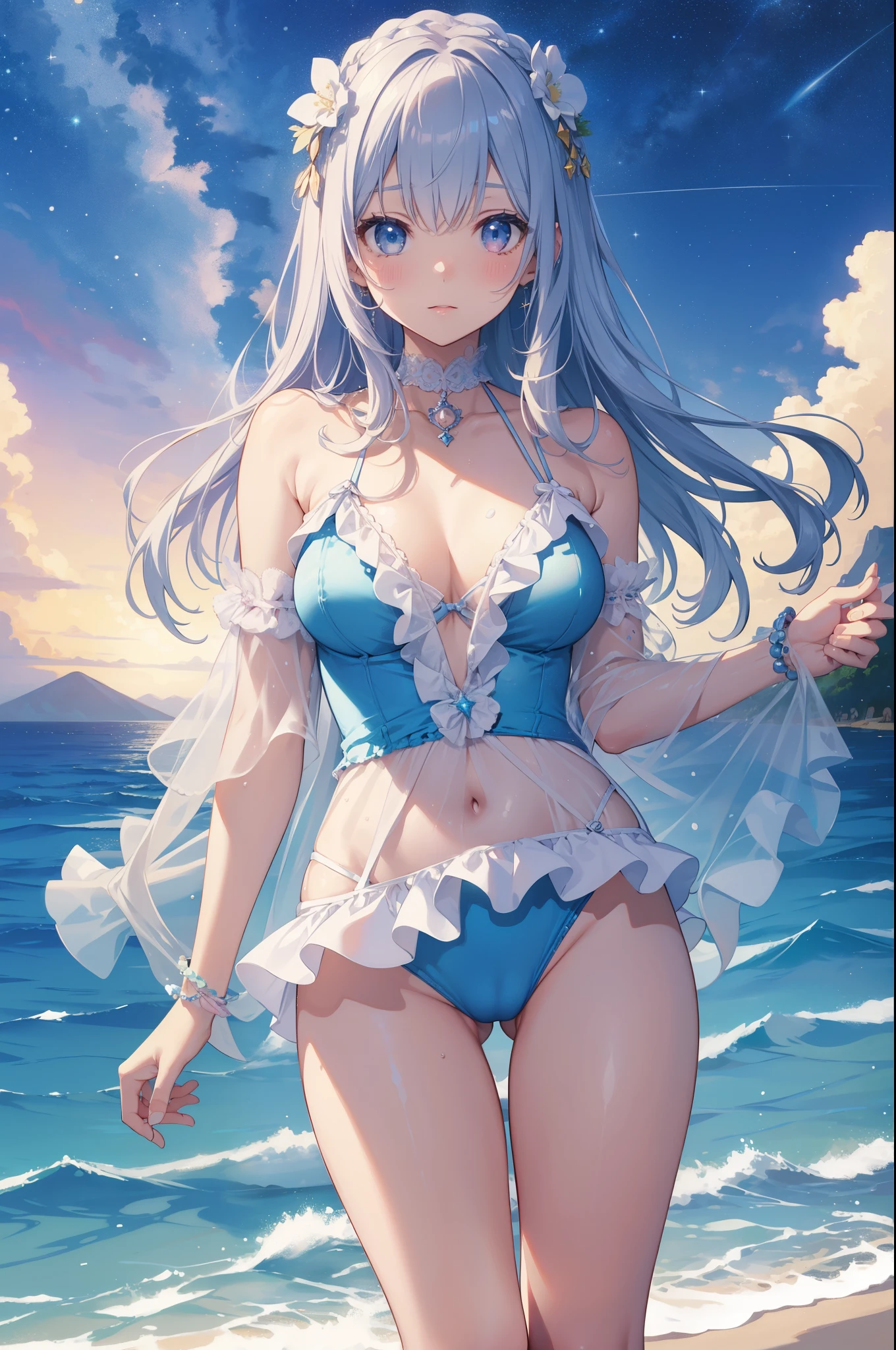 (masterpiece)、(highest quality)、((Super detailed))、(super delicate)、Cute naughty swimsuit idol、Pastel colors hair、beautiful breasts、Thighs、Gorgeous、Fantastic starry sky、beautiful sea、Wet and see-through