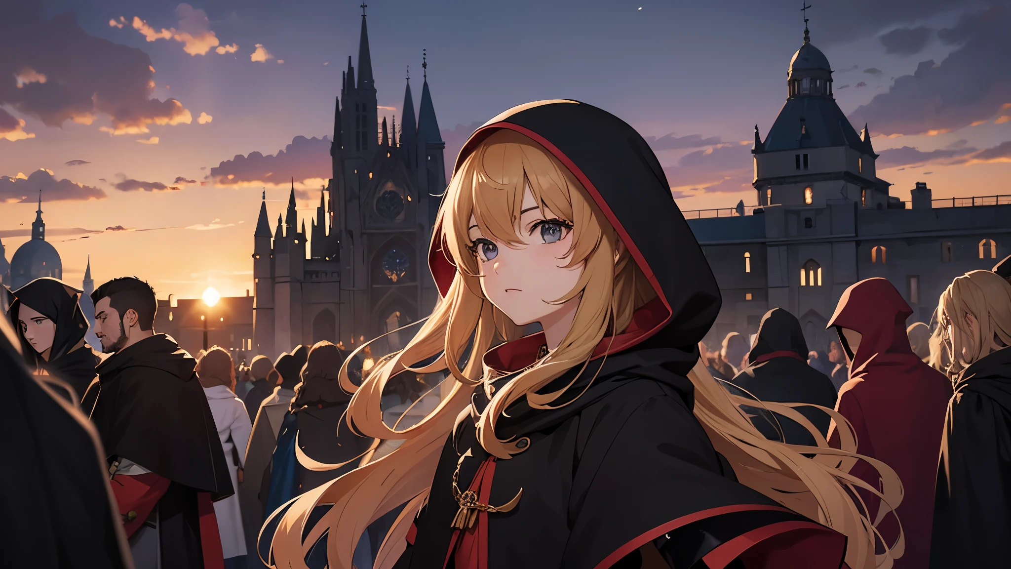 anime illustration、High resolution、serious 、golden perm hair with red hood、Surrounded by a crowd wearing black cloaks、medieval french city at midnight、Ghibli