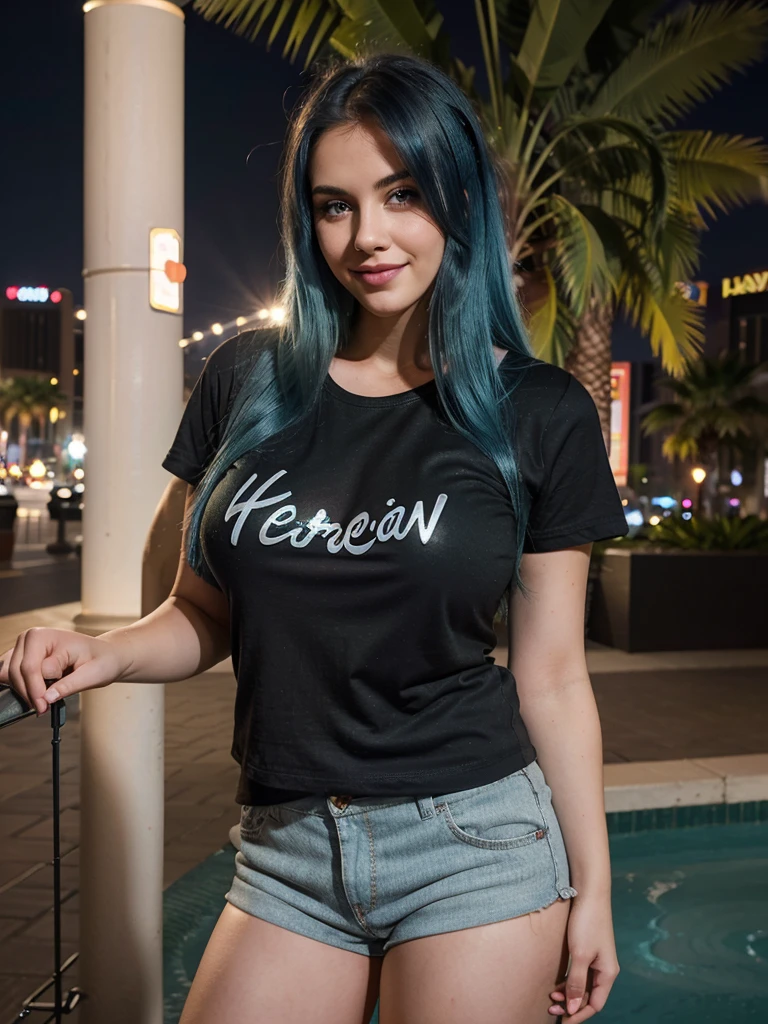 Hyper realistic Model, bokeh night lighting, blue hair, thick hair, clean face, green eyes, big boobs, heart shaped lips, smiling, wearing a black t-shirt and shorts, posing outside caesars's palace las vegas